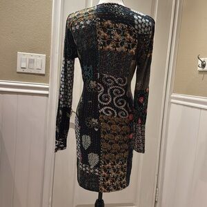 Amazing Desigual patchwork pattern dress w built in sash and gold thread accent